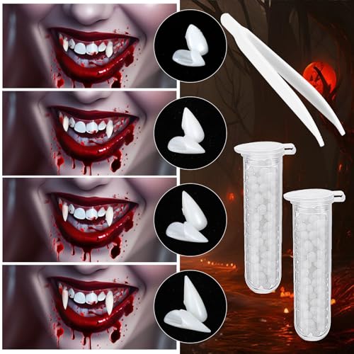 GEEHUA 8 Paar 4 Größen Halloween Vampirzähne, 8 Paar Vampire Zähne Gruselige künstliche Zähne Fangzähne mit Zahnkleber Zombie Cosplay Kostüm Halloween Party Make up Requisiten Maskerade Dekorationen von GEEHUA