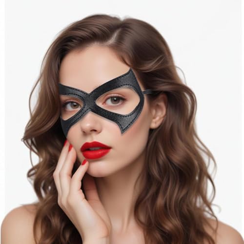 GEEHUA Halloween Katzenmaske für Damen, Kunstleder Catwoman Maske Halbgesichts Katzenmaske mit schwarzen Augen für Halloween Cosplay Maskenparty von GEEHUA