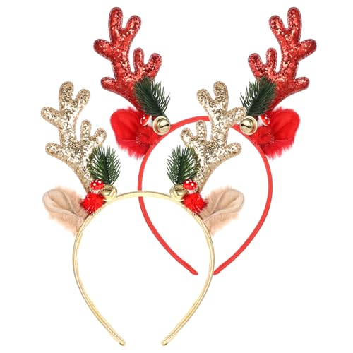 GEEHUA Weihnachtsstirnbänder, Glitzerndes Weihnachts Elchgeweih Stirnband für Frauen und Mädchen, Süße Weihnachts Haarbänder, Zubehör für Partygeschenk, Weihnachtskostüm, Party Zubehör(Gold+Red) von GEEHUA