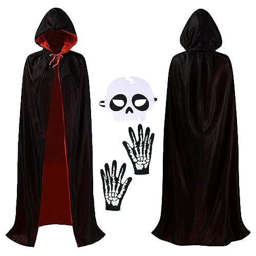 GEEKEO Halloween Vampir Kostüm Kinder Schwarz & Rot Umhang mit Kapuze,Vampir Umhang mit Skelett Handschuhe & Maske,Halloween Kostüm Mädchen Jungen Cosplay Zubehör für Halloween Karneval Party von GEEKEO