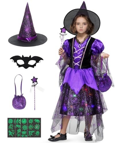 GEEKEO Mädchen Hexenkostüm, LED Halloween Hexen Kostüm Kinder mit Lichter, Kinder Zauberer Verkleiden Cosplay Kostüm Set, 6 Teilig Mädchen Halloween Fasching Karneval Party Bekleidung (4-6 Jahre) von GEEKEO