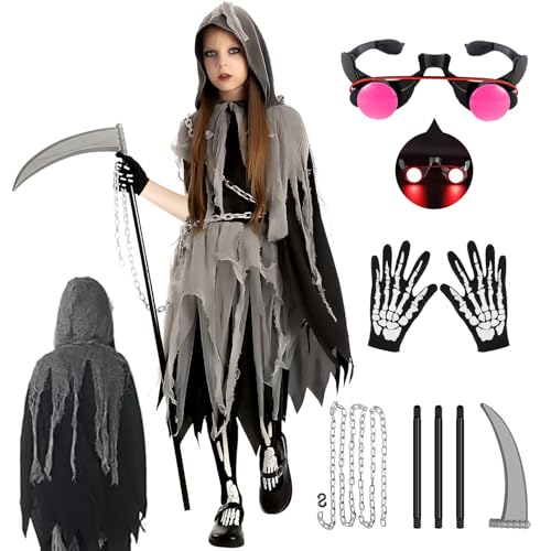 Sensenmann Kostüm Kinder - Halloween Kostüm Mädchen Jungen Cosplay Outfit Set mit Leuchtende Augen,Sense,Taillenkette,Skelett Handschuhe,Umhang Dress Halloween Dekoration für Kinder Karneval Party von GEEKEO