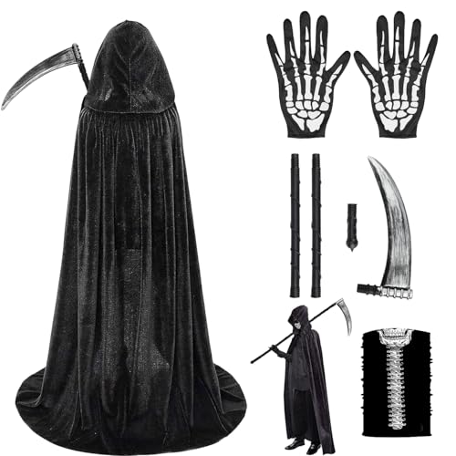 GEEKEO Sensenmann Kostüm Herren,Halloween Kostüm Herren Damen,Schwarzer Umhang mit Kapuze,Grim Reaper Costume Erwachsene für Cosplay Party Karneval Fasching von GEEKEO