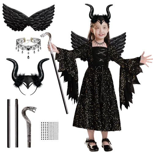 GEEKEO Halloween Kostüm Kinder, 6tlg Schwarzes Halloween Kleid Mädchen Böse Hexenkostüm mit Hörner Kopfschmuck und Schwarze Flügel für Halloween Cosplay Fasching Karneval Verkleidung Party von GEEKEO