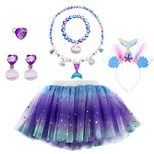 GEEKEO Meerjungfrau Kostüm Mädchen mit Haarreif Halskette Armband Ohrringe Ring Schmuck Kinder Cosplay,Tutu Tüllrock Prinzessin Kleid Ballettrock für Karneval Geburtstag Party von GEEKEO