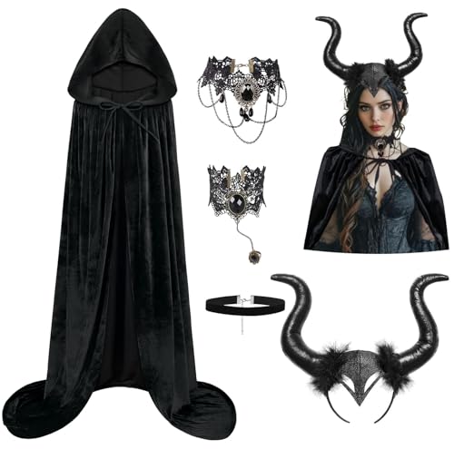 GEEKEO Halloween Kostüm Damen Haarband mit Dämonenhorn, Böse Königin Kostüm Halloween Umhang mit Kapuze, Retro Halskette Armband Teufel Cosplay Set für Karneval Maskerade von GEEKEO