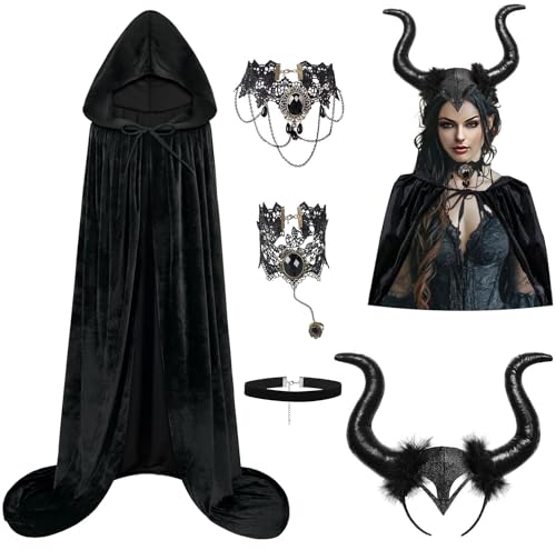 GEEKEO Halloween Kostüm Damen Haarband mit Dämonenhorn, Böse Königin Kostüm Halloween Umhang mit Kapuze, Retro Halskette Armband Teufel Cosplay Set für Karneval Maskerade von GEEKEO