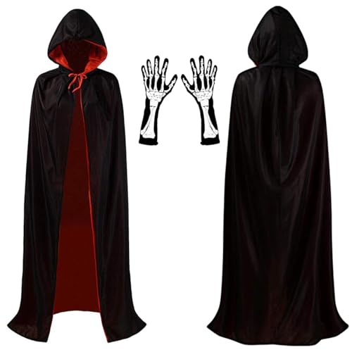 GEEKEO Umhang mit Kapuze, Halloween Vampir Umhang für Kostüm Herren Damen, Schwarz Rot Umhänge Cape Unisex, Skelett Handschuhe für Erwachsene Dracula Mittelalter Maskerade Kostüm Cosplay Party von GEEKEO