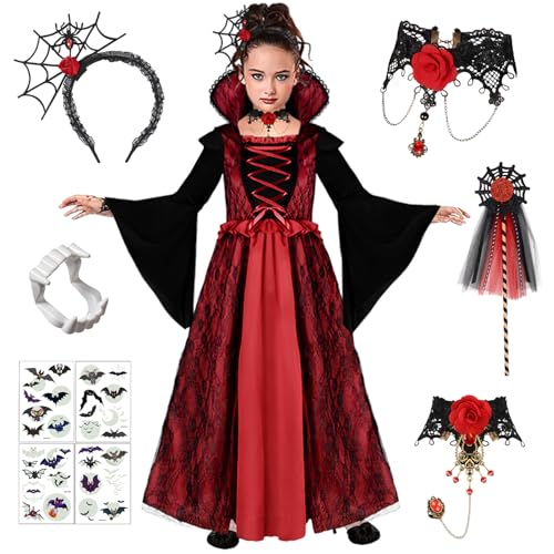 Vampir Kostüm Mädchen - Vampir Kleid Kostüm Kinder Halloween Kostüm Dress Up, Halloween Costume Mädchen Cosplay Gothic Kostüme mit Halskette und Vampir Zähne für Fasching Karneval Dracula Party von GEEKEO