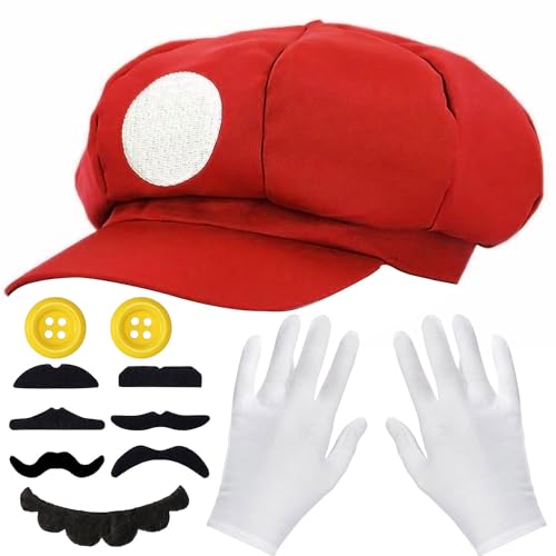 GEERDAN Kostüm Accessoires, mit Kappen Schnurrbärte Handschuhe Knöpfe, für Verkleidung Fasching Halloween Kostüm, Cosplay Kostümfür Kinder Damen Herren (Rot) von GEERDAN