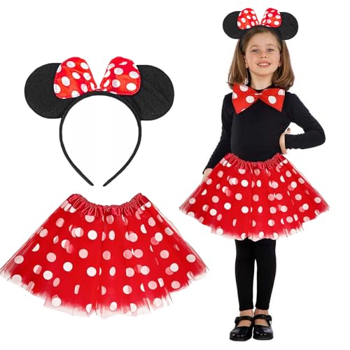 GEERDAN Mädchen Maus Mouse Kostüm, Rot Tutu mit weiß Gepunktet+Haarreifen mit Maus Ohren mit Roter Schleife, Kinder Tüll Rock, für Karneval, Halloween, Cosplay, Mottopartys, Fasching Party von GEERDAN