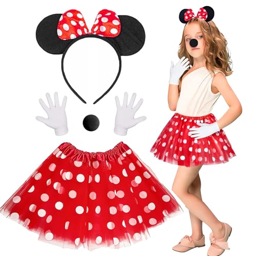 Mädchen Maus Mouse Kostüm, Rot Tutu mit weiß Gepunktet+Haarreifen mit Maus Ohren mit Roter Schleife+Handschuhe+Nase, Kinder Tüll Rock, für Karneval, Halloween, Cosplay, Mottopartys, Fasching Party von GEERDAN