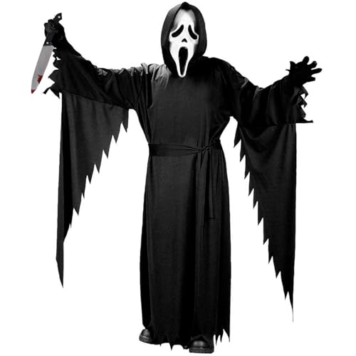 Schauriges Screaming Ghost Kostüm, Unisex mit Ganzkörpergewand in Schwarz, Scream Mask, Hüftgürtel, Fäustling und Requisitenmesser, Horror Verkleidung, Kostüm für Halloween, Karneval, Mottoparty (S) von GEERDAN