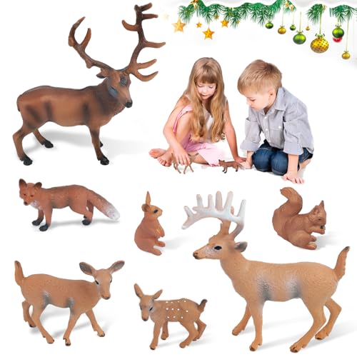 7 Stk Waldtiere Figuren Spielzeug, Weißwedelhirsch, Weißwedelkuh, Woodland Tiere Figuren mit Hirsch Familie, Elch, Fuchs, Kaninchen, Eichhörnchen für Woodland Kuchen Cupcake Toppers Weihnachten Party von GEGNNS