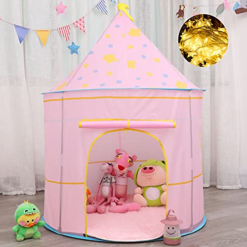 Spielzelt für Kinder mit Sternenlichtern, Pop-up Kinderspielzelt, Tipi, Prinzessin Prinz Schlosszelt, EN71-zertifiziert, für innen und außen tragbares Spielhaus, Geschenk für Kinder (Moon pink) von GEIwenle