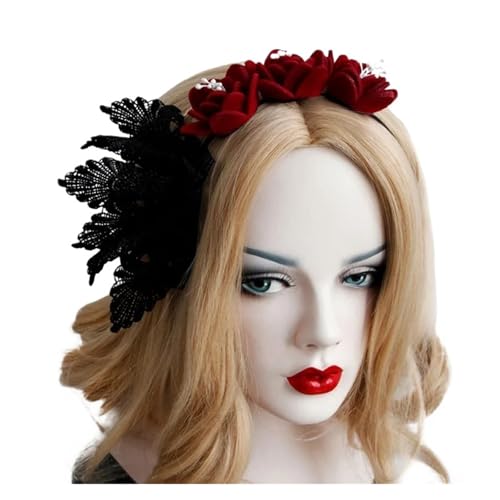 Stirnbänder For Frauen Im Gothic-Barock-Stil, Krone, Dreifache Blume, Rote Rose, Schwarze Spitze, Kostümparty, Haarband, Haarreifen, Accessoire Für Halloween-Kostüme, Kopfbedeckungen, Cosplay-Pa von GEJUAN