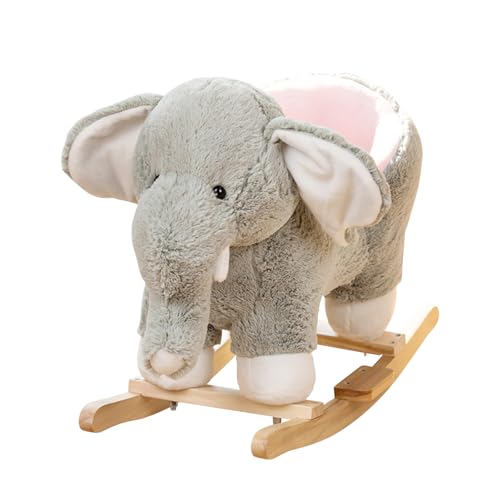 Kids Rocking Horse Wooden Rockers with Seat Elephant Rocking Horse Ride Plush Stuffed Animals Toy, Soft Materials, Wood Base Seat for Boys Girls, (Grey) von GEJULIC