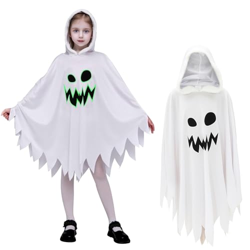 GEMVIE Geisterkostüm Leuchtet im Dunkeln Geistergewand weiß für Kinder Geistergewand Kostüm mit Geistergesicht Jungen Mädchen Fasching Halloween Kostüm Party 10-12 von GEMVIE