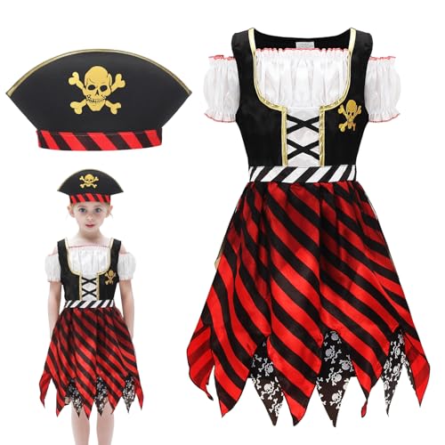 GEMVIE Halloween Kostüm Mädchen Pirat Kinderkostüm Piratenkostüm Cosplay Zubehör für Kinder Halloween Fasching Kostüm Party 10-12 Jahre von GEMVIE