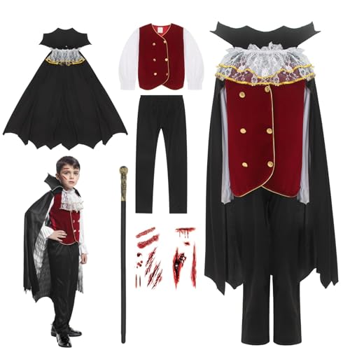 GEMVIE Kinder Deluxe Vampir Kostüm für Jungen Halloween Dracula Fasching Karneval Cosplay Kleidung 10-12 Jahre von GEMVIE