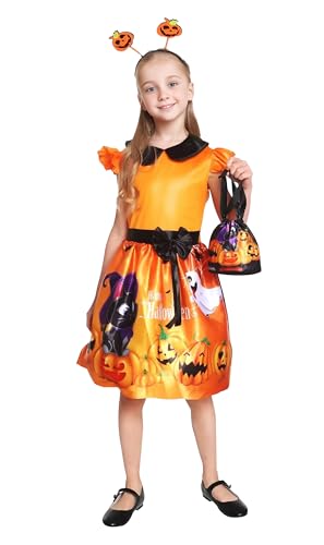 GEMVIE Kinder Halloween Kostüm | Kürbis-Elf Design | Inklusive Kleid, Stirnband und Süßigkeitentasche orange L von GEMVIE