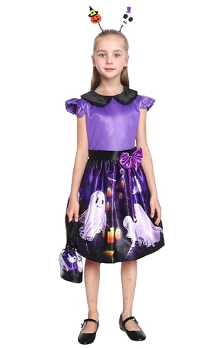 GEMVIE Kinder Halloween Kostüm | Kürbis-Elf Design | Inklusive Kleid, Stirnband und Süßigkeitentasche purple M von GEMVIE