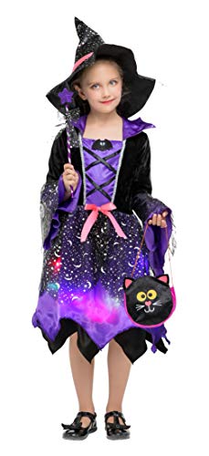 GEMVIE Kinderkostüm Halloween Mädchen Hexe Kostüm Karneval Fasching Cosplay Leuchtende Kostüme Violett Prinzessin Kleid + Hexenhut + ZuckerBeutel + Zauberstab 7-9 Jahre von GEMVIE