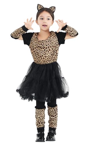 GEMVIE Kinderkostüm Leopard Kostüme Tutu Kleid mit Haarreif Mädchen Fasching Karneval Halloween Tiere Cosplay Verkleidung 4-6 Jahre von GEMVIE