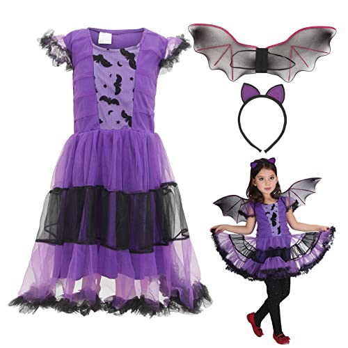 GEMVIE Mädchen Fledermaus Kostüm Karneval Halloween Kinderkostüm Kinder Fledermaus Rock Lila M von GEMVIE