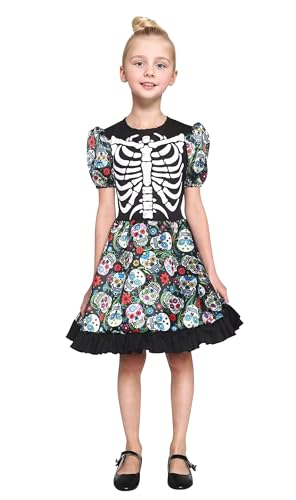 GEMVIE Skelett Kostüm Mädchen Halloween Kostüm Totenkopf Knochen Kleid Horror Schädel Kostüm für Karneval Fasching L von GEMVIE