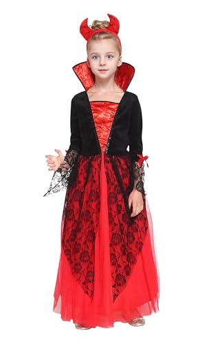 GEMVIE Vampir Kostüm Mädchen Halloween Kostüm Vampirin Kleid mit Haarband Cosplay Karneval Fasching Verkleidung L von GEMVIE