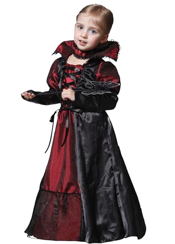 GEMVIE Vampir-Kostüm Vampir-Kostüm Vampir-Kleid mit Kragen für Mädchen Kostüm Halloween Mädchen Karneval Cosplay Schwarz-Rot (10-12 Jahre) von GEMVIE