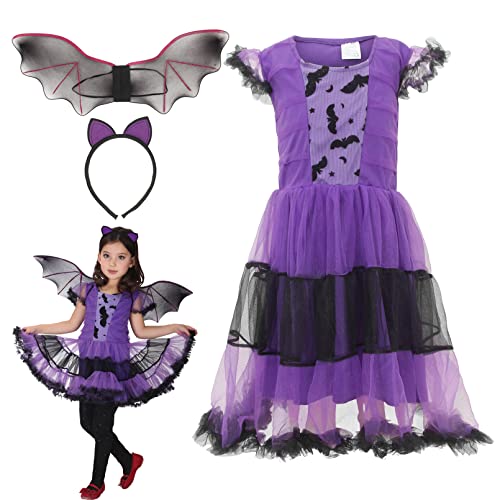 Gemvie Fledermaus-Kostüm für Mädchen, Vampir, Fledermaus, Cosplay, Halloween, Allerheiligen, Karneval, Abendkleid, Tutu für Mädchen, 3-12 Jahre Gr. 7-9 Jahre, violett von GEMVIE