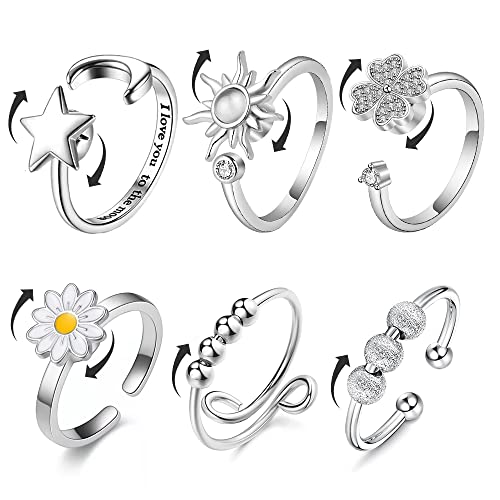 Angst-Fidget-Spinning-Ringe Stimmungsring - 6-teiliger Anti-Stress-Ring Verstellbarer Stimmungsring, Sonne Stern Mond Gänseblümchen Kleeperlen Angstlöseringe, Geschenke für Frauen Männer Angst-Fidget-Spinning-Ringe Stimmungsring - 6-teiliger Anti-Stress-Ring Verstellbarer Stimmungsring, Sonne Stern Mond Gänseblümchen Kleeperlen Angstlöseringe, Geschenke für Frauen Männer von GENSMILE