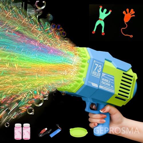 Seifenblasenmaschine für Kinder, Bazooka Seifenblasenpistole mit 73 Blasenlöchern und Lichtfunktion, wiederaufladbar, automatisch, elektrisch, für Kinder und Erwachsene, Hochzeit, Party von GEPROSMA