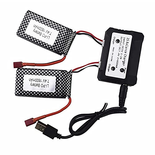 GERALD 2 StüCk 7,4V 1600MAh T Anschluss Hohe Rate Lithium + 2-In-1 LadegeräT für 9125 1:10 Off-Road Fahrzeug von GERALD