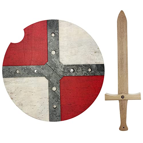 GERILEO Mittelalterliches Holz Schild und Schwert - Spielzeug für Jungen und Mädchen - Spielzeug für Jungen, Mittelalterliche Kostüme, Vikinger, Ritter, Thor, Ragnar (Rot) von GERILEO