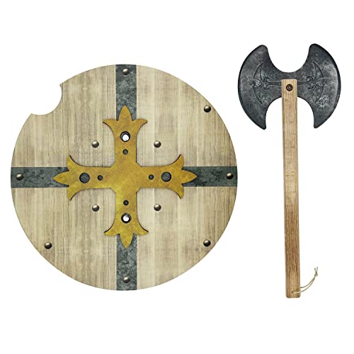 GERILEO Mittelalterliches Spielzeug Schild und Axt aus Holz - Spielzeug für Jungen und Mädchen - Spielzeug für Kinder, Mittelalterliche Kostüme, Vikinger, Ritter, Thor, Ragnar, Ritter (Grau) von GERILEO