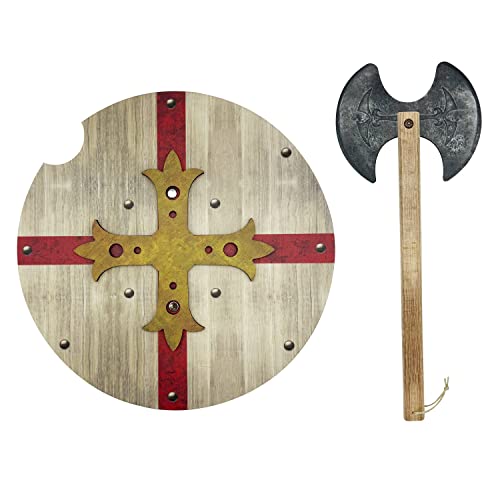 GERILEO Mittelalterliches Spielzeug Schild und Axt aus Holz - Spielzeug für Jungen und Mädchen - Spielzeug für Kinder, Mittelalterliche Kostüme, Vikinger, Ritter, Thor, Ragnar, Ritter (Rot) von GERILEO