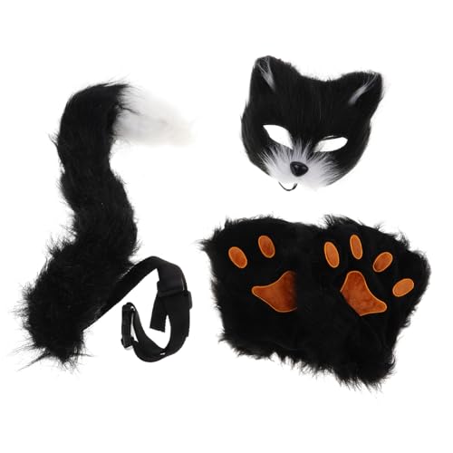 GETAJGHSD Halloween-Maske Halbgesichtsmasken Pelzige Maske Fuchsmasken Plüsch Maske schwarze katze kostüm cosplay -Kunstfell grauer Wolfsschwanz Stirnband mit Katzenohren Kunstpelz von GETAJGHSD