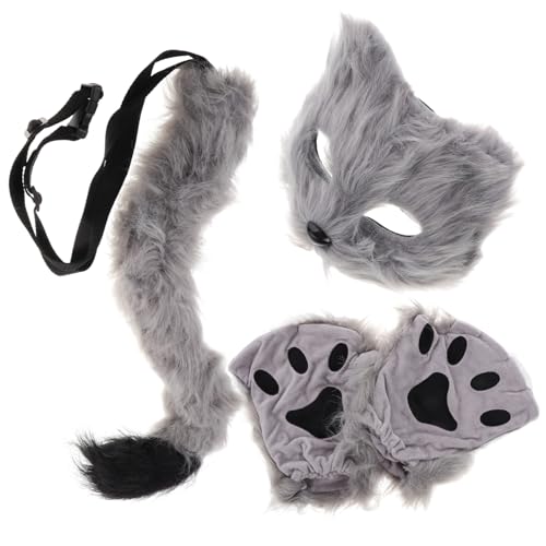 GETAJGHSD Halloween-maske Flauschige Masken Stofftiermaske Katzenpelzmaske Pelziges Katzenkostüm Rattenschwanz Grauer Wolfsschwanz Wolf Kostüm Wolfspfoten Plüschfuchsmasken Kunstpelz Grey von GETAJGHSD