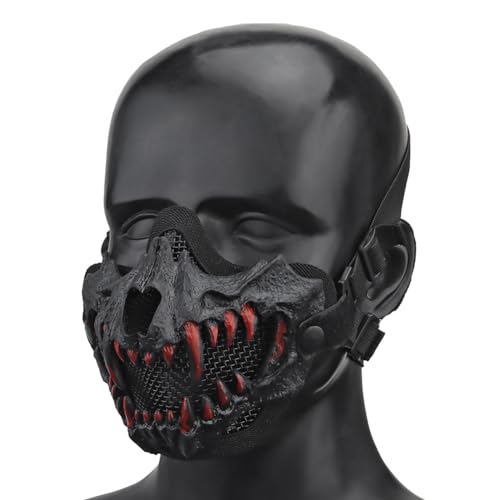 GETBSTOOP Airsoft Halbgesichts-Schädelmasken Taktische Halbgesichtsmaske Fangs Cosplay Airsoft-Maske Verstellbarer Riemen Atmungsaktive Kopfbedeckung Halloween Cosplay Party Requisiten von GETBSTOOP