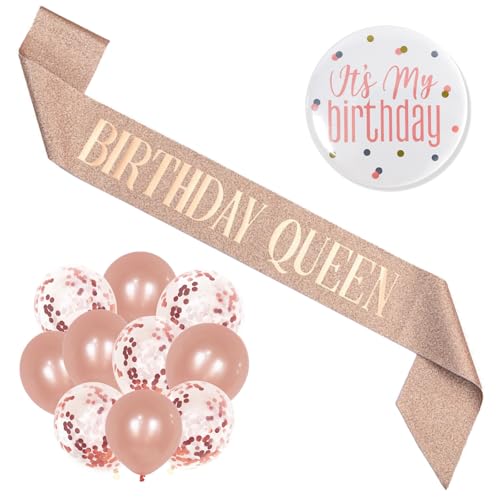 Geburtstag Schärpe Set für Frauen mit 1 Rose Gold Schärpe, 1 Abzeichen, und 10 Luftballons (5 Roségold, 5 Pailletten), Geburtstag Mädchen Schärpe, Personalisierte Happy Birthday Schärpe für Party von GETFACAI