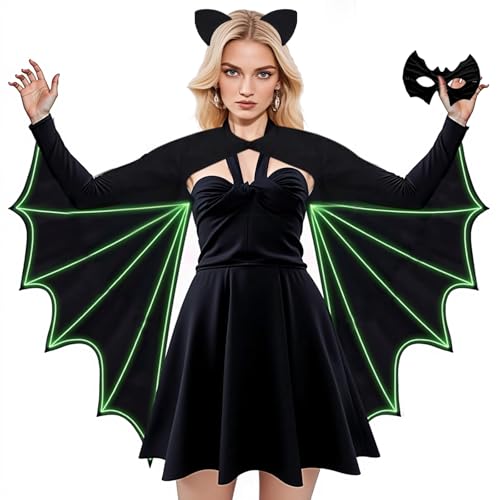 GEWONELIFE Schwarzes Fledermaus-Kostüm für Damen mit nachtleuchtenden Flügeln, Größe L/XL – Erwachsenen-Halloween-Fledermausflügel-Outfit mit Gesichtsabdeckung – Halloween, Cosplay, Theaterzubehör GEWONELIFE Schwarzes Fledermaus-Kostüm für Damen mit nachtleuchtenden Flügeln, Größe L/XL – Erwachsenen-Halloween-Fledermausflügel-Outfit mit Gesichtsabdeckung – Halloween, Cosplay, Theaterzubehör von GEWONELIFE