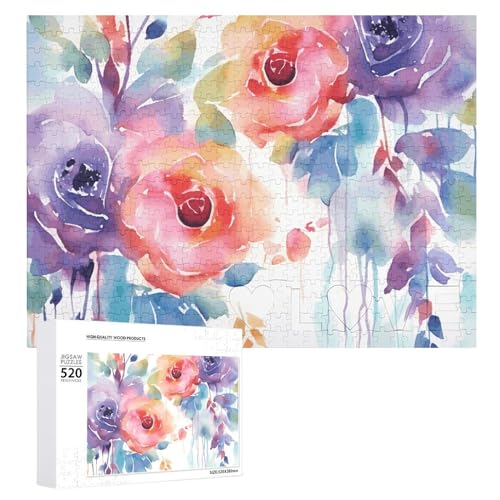 Aquarell-Blumen-Puzzle, 520 Teile, personalisiertes Puzzle, Aquarell-Blumen-Fotopuzzle, herausforderndes Bild, Puzzle für Erwachsene, personalisierbares Puzzle mit Aufbewahrungstasche (52,1 x 38,1 cm) von GFLFMXZW