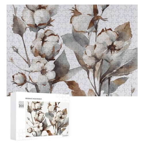 Baumwollblumen-Aquarell-Puzzle, 300 Teile, personalisiertes Puzzle, Baumwollblumen, Aquarell-Fotopuzzle, herausforderndes Bild, Puzzle für Erwachsene, personalisierbares Puzzle mit Aufbewahrungstasche von GFLFMXZW