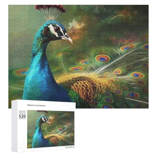 Buntes Pfauen-Puzzle, 520 Teile, personalisierbares Puzzle, buntes Pfau-Fotopuzzle, herausforderndes Bild, Puzzle für Erwachsene, personalisierbares Puzzle mit Aufbewahrungstasche (52,1 x 38,1 cm) von GFLFMXZW