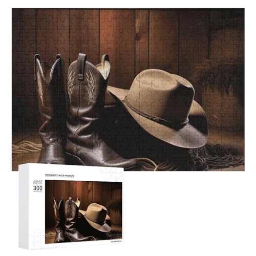 Cowboy-Puzzle, schwarzer Hut, Westernstiefel, 300 Teile, personalisiertes Puzzle, Cowboy-schwarzer Hut, Westernstiefel, Fotopuzzle, herausforderndes Bildrätsel für Erwachsene, personalisiertes Puzzle von GFLFMXZW