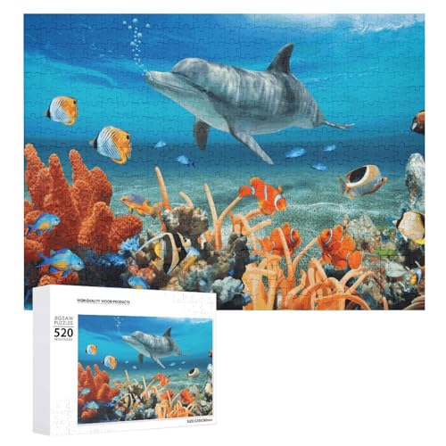 Delfine, blaue Puzzles, 520 Teile, personalisiertes Puzzle, Delfine, blaues Fotopuzzle, herausforderndes Bilderpuzzle für Erwachsene, personalisierbares Puzzle mit Aufbewahrungstasche (52,1 x 38,1 cm) von GFLFMXZW