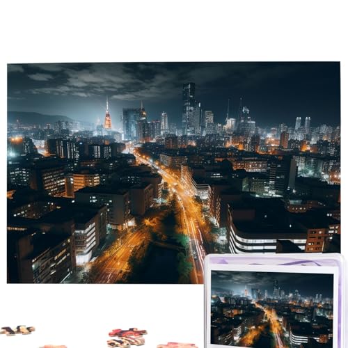 GFLFMXZW Puzzles, 1000 Teile, personalisierbar, Stadt, Nachtansicht, Fotopuzzle, herausforderndes Bild, Puzzle für Erwachsene, personalisierbares Puzzle mit Aufbewahrungstasche (74,9 x 50 cm) von GFLFMXZW